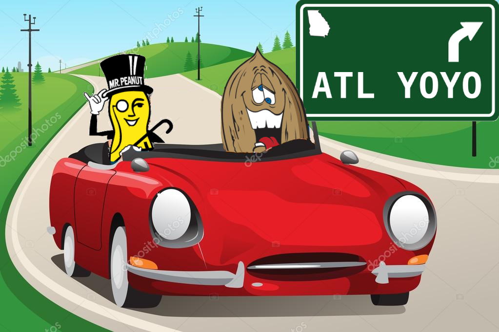 Mr. Peanut and a Pecan driving a convertible in front of a Turning Point Yo-Yos-styled highway sign that says 'ATL YOYO'